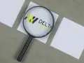 Lupa powiększa logo DELTA WISE, symbolizując dokładność w windykacji terenowej.