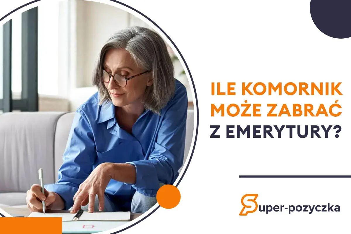 Starsza kobieta pisze, a obok tekst: "Ile komornik może zabrać z emerytury?".