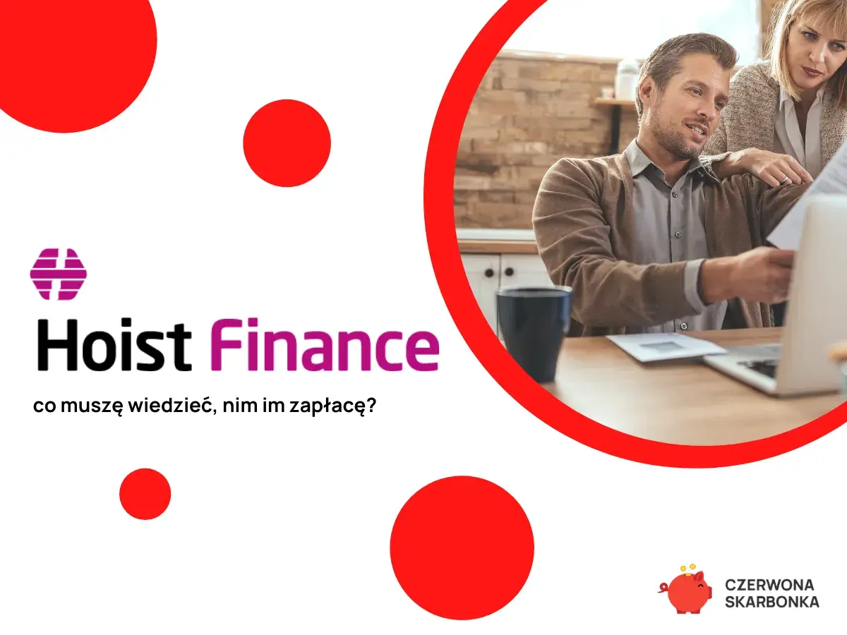 Para analizuje dokumenty z Hoist Finance. Czerwona skarbonka sugeruje oszczędzanie.