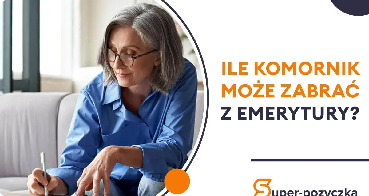 Starsza kobieta pisze, a obok tekst: "Ile komornik może zabrać z emerytury?".