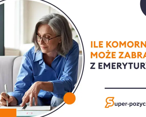 Starsza kobieta pisze, a obok tekst: "Ile komornik może zabrać z emerytury?".
