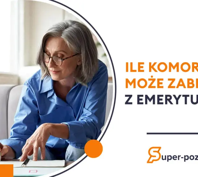 Starsza kobieta pisze, a obok tekst: "Ile komornik może zabrać z emerytury?".
