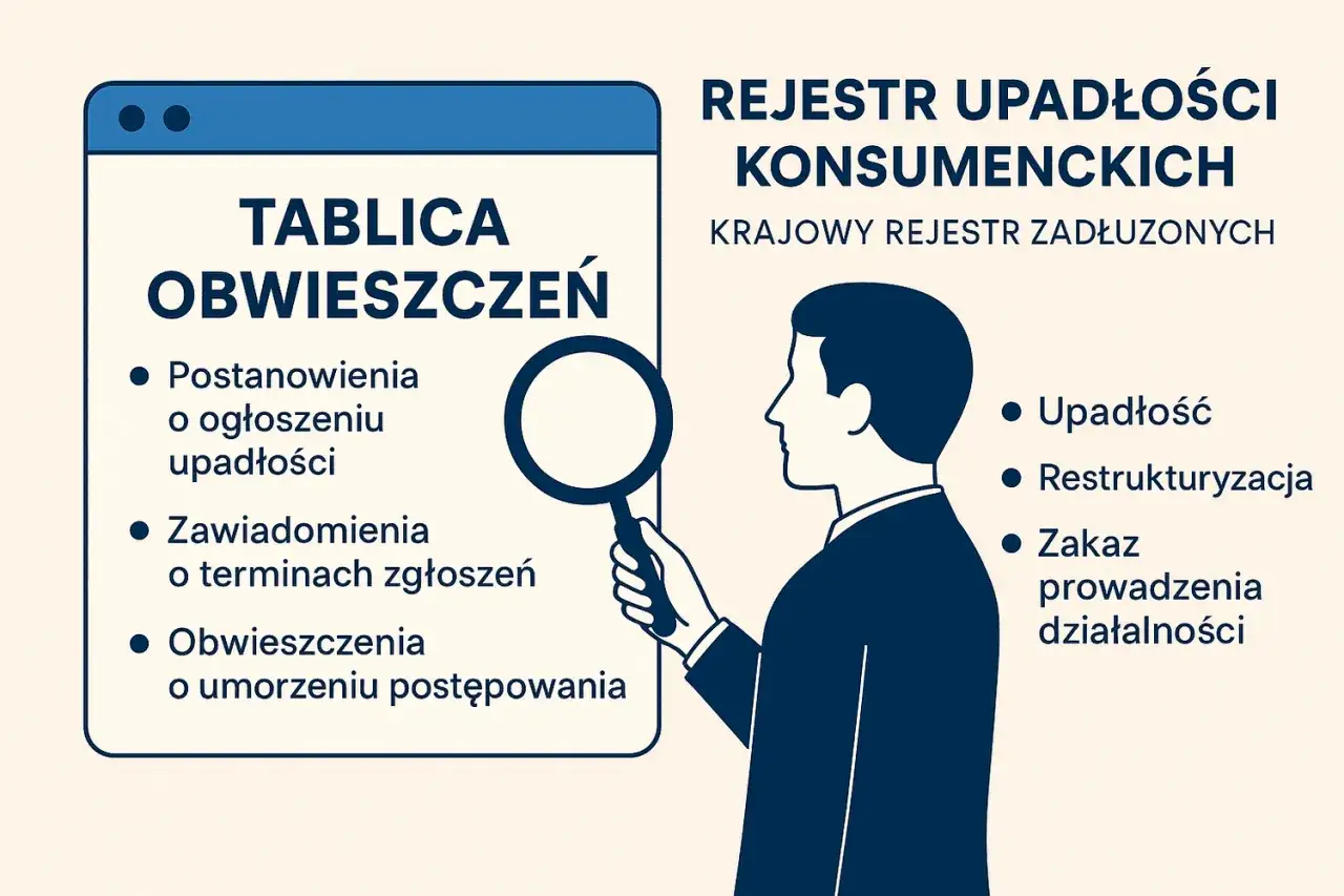 Krajowy rejestr zadłużonych: tablica obwieszczeń o upadłości, restrukturyzacji i zakazie prowadzenia działalności.