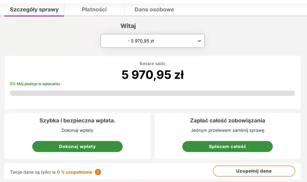 Panel płatności w Hoist Polska. Bieżące saldo 5970,95 zł. Możliwość szybkiej wpłaty lub spłaty całości zobowiązania.