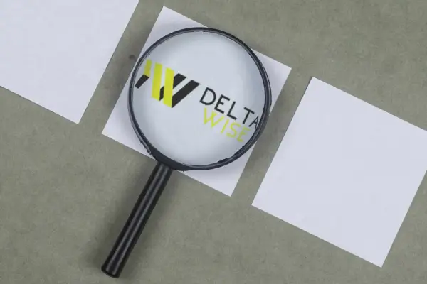 Lupa powiększa logo DELTA WISE, symbolizując dokładność w windykacji terenowej.