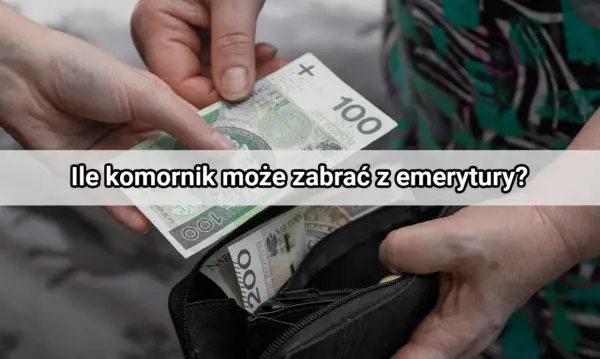 Dłonie wkładają banknoty do portfela. Tekst pyta, ile komornik może zabrać z emerytury, sugerując, że emeryci są chronieni przed komornikiem.