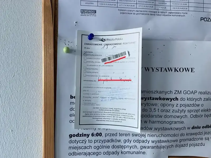 Awizo Poczty Polskiej: przesyłka polecona awizo, z informacją o odbiorze. Zawiadomienie o odpadach wystawkowych.