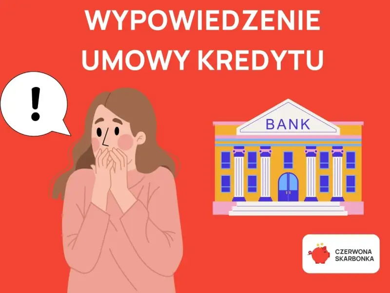 Zaskoczona kobieta i bank. Co dalej, gdy bank wypowie umowę kredytu? Czerwona skarbonka podpowie.