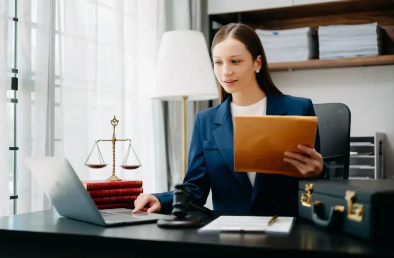 Prawniczka pracuje nad sprawą wdrożenie windykacji, analizując dokumenty na laptopie.